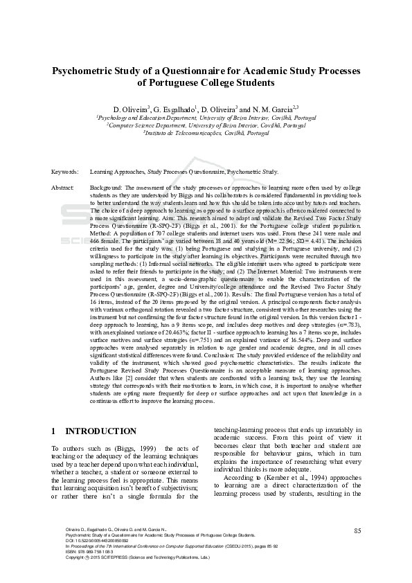 (PDF) Psychometric Study of a Questionnaire for Academic Study ...