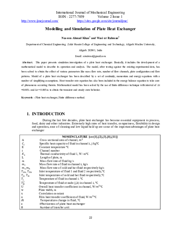 (PDF) Modelling and Simulation of Plate Heat Exchanger