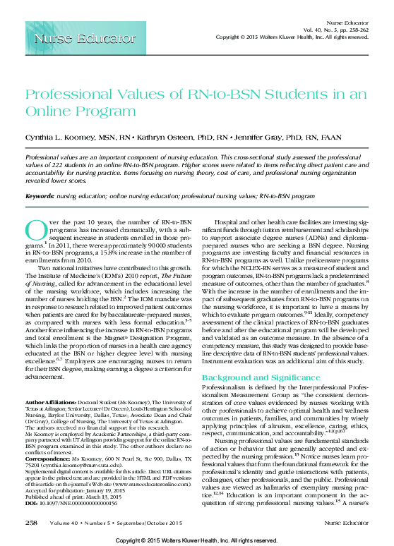 (PDF) Professional Values of RN-to-BSN Students in an Online Program