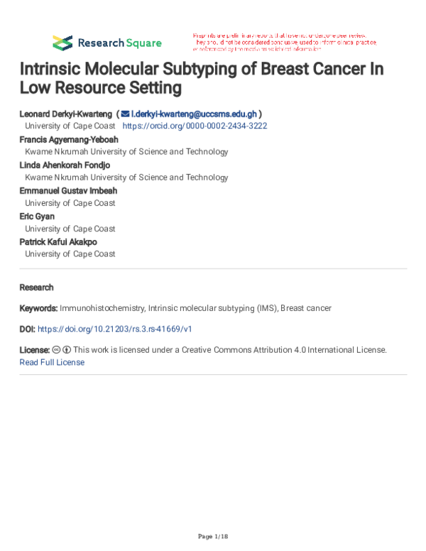 (PDF) Molecular Subtyping of Breast Cancer in Ghanaian Patients