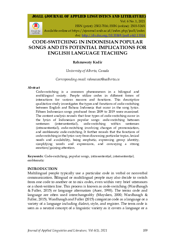 (PDF) Code-Switching in Indonesian Popular Songs and the Implications ...