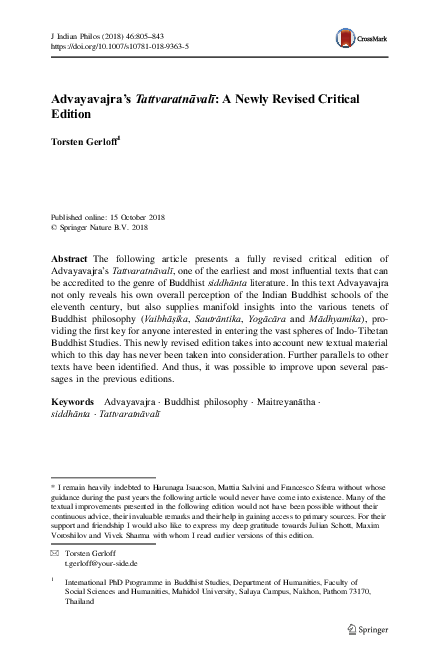 (PDF) Advayavajra’s Tattvaratnāvalī: A Newly Revised Critical Edition