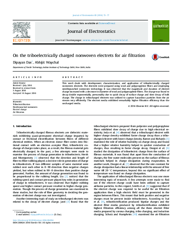 (PDF) On the triboelectrically charged nonwoven electrets for air ...