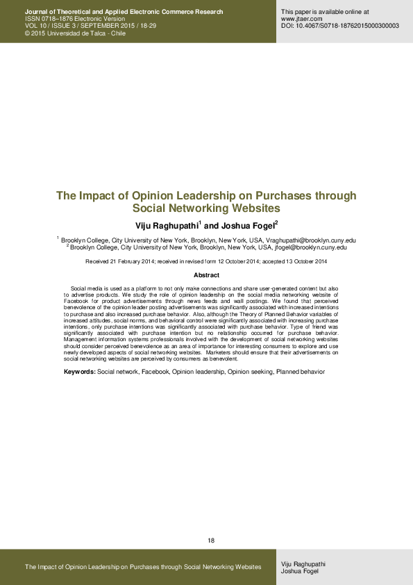 (PDF) The Impact of Opinion Leadership on Purchases through Social ...