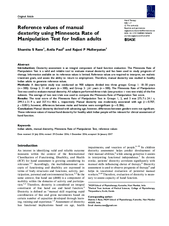 (PDF) Reference values of manual dexterity using Minnesota Rate of Manipulation Test for Indian ...