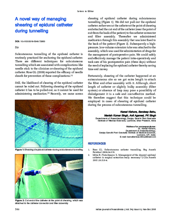 (PDF) A novel way of managing shearing of epidural catheter during
