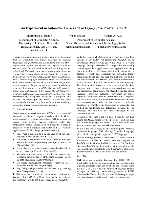 (PDF) An Experiment in Automatic Conversion of Legacy Java Programs to C#