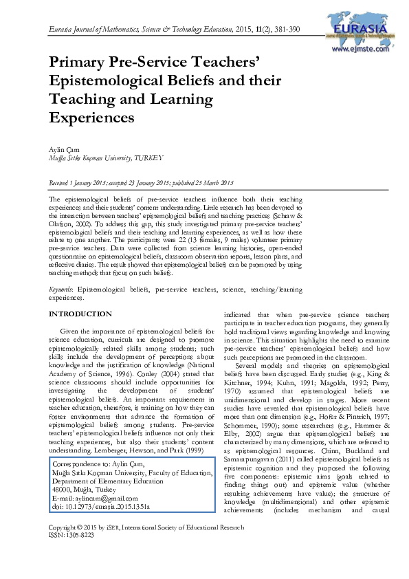 (PDF) Primary Pre-Service Teachers’ Epistemological Beliefs and their ...
