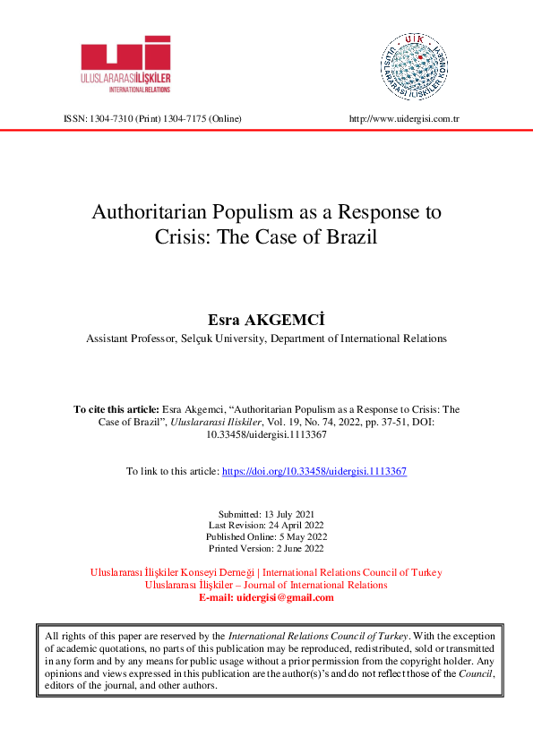 (PDF) Authoritarian Populism as a Response to Crisis: The Case of Brazil