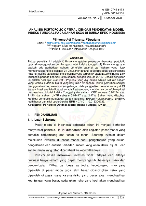 (PDF) Analisis Portofolio Optimal Dengan Pendekatan Model Indeks