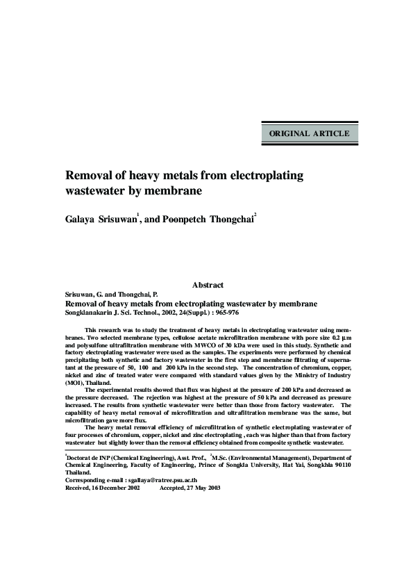 (PDF) Removal of heavy metals from electroplating wastewater by membrane
