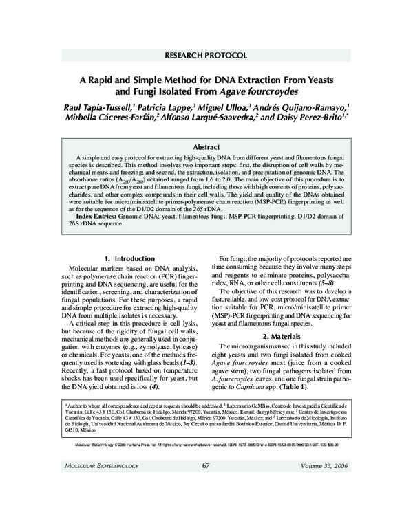(PDF) A rapid and simple method for DNA extraction from yeasts and ...