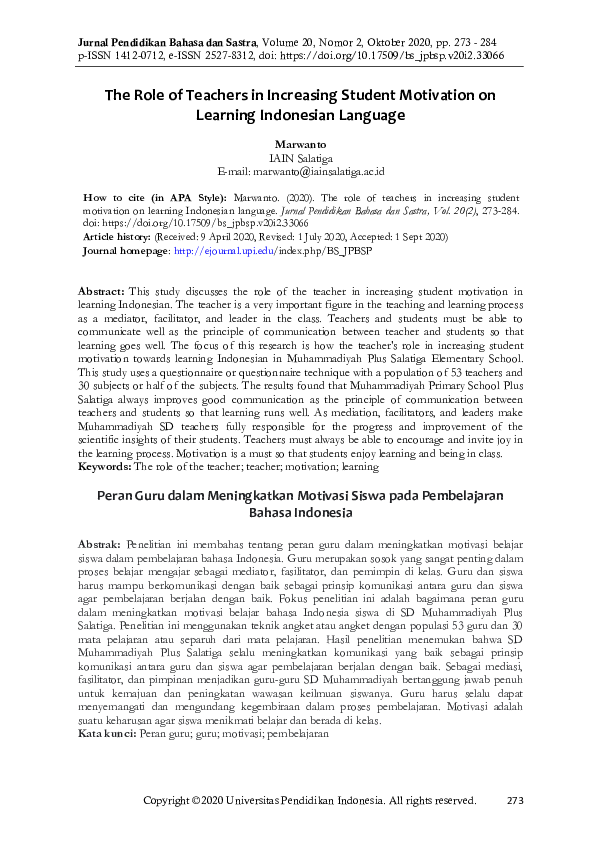 (PDF) The Role of Teachers in Increasing Student Motivation on Learning ...