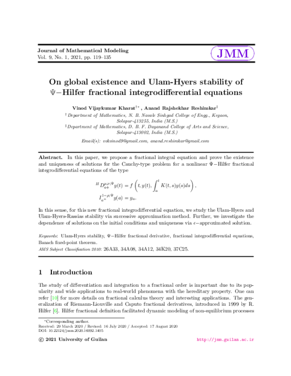 (PDF) On global existence and Ulam-Hyers stability of $Psi-$Hilfer ...