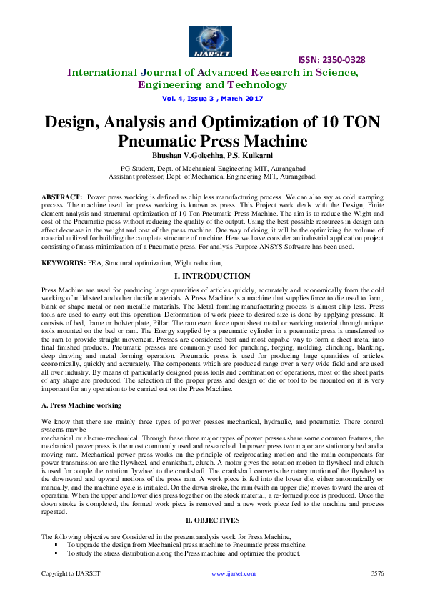 (PDF) Design, Analysis and Optimization of 10 TON Pneumatic Press Machine