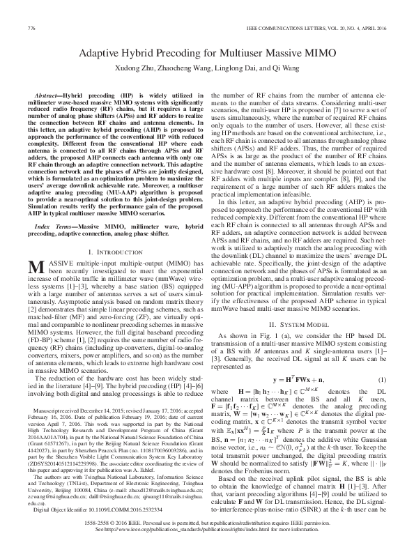 (PDF) Adaptive Hybrid Precoding for Multi-User Massive MIMO