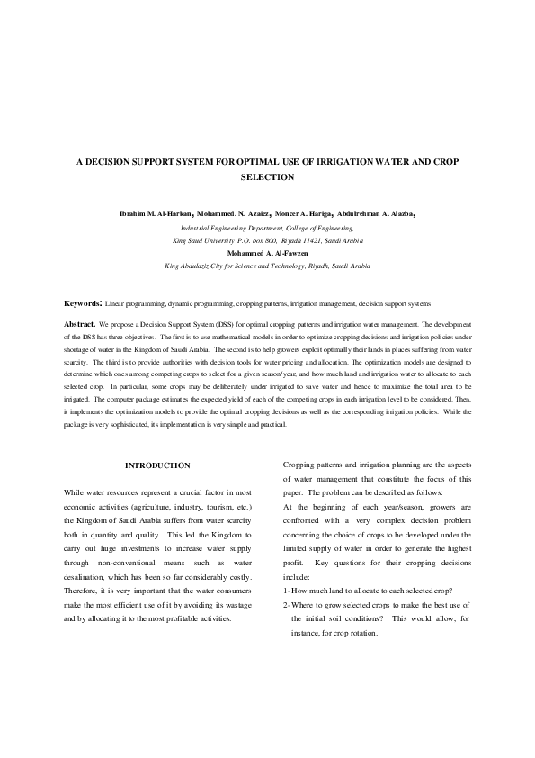 (PDF) A Decision Support System for Optimal Use of Irrigation Water and ...