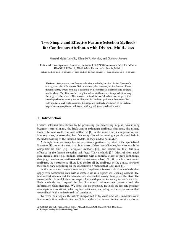 (PDF) Two Simple and Effective Feature Selection Methods for Continuous ...