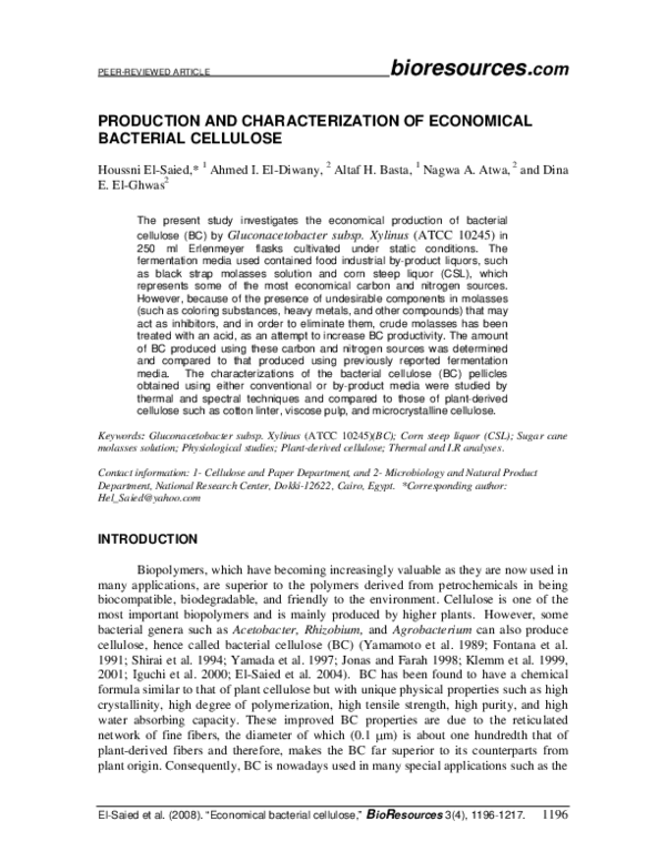 (PDF) Production and Characterization of Economical Bacterial Cellulose