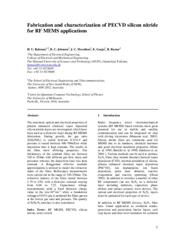 (PDF) Fabrication and characterization of PECVD silicon nitride for RF ...