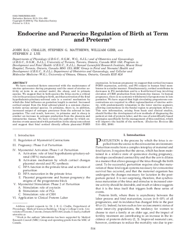(PDF) Endocrine and Paracrine Regulation of Birth at Term and Preterm 1