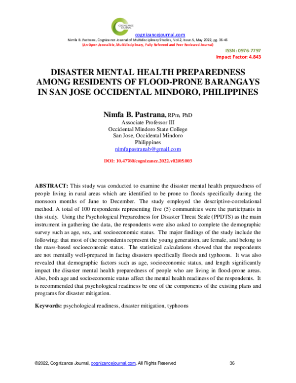 (PDF) DISASTER MENTAL HEALTH PREPAREDNESS AMONG RESIDENTS OF FLOOD ...