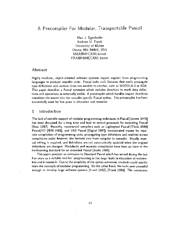 (PDF) A precompiler for modular, transportable Pascal