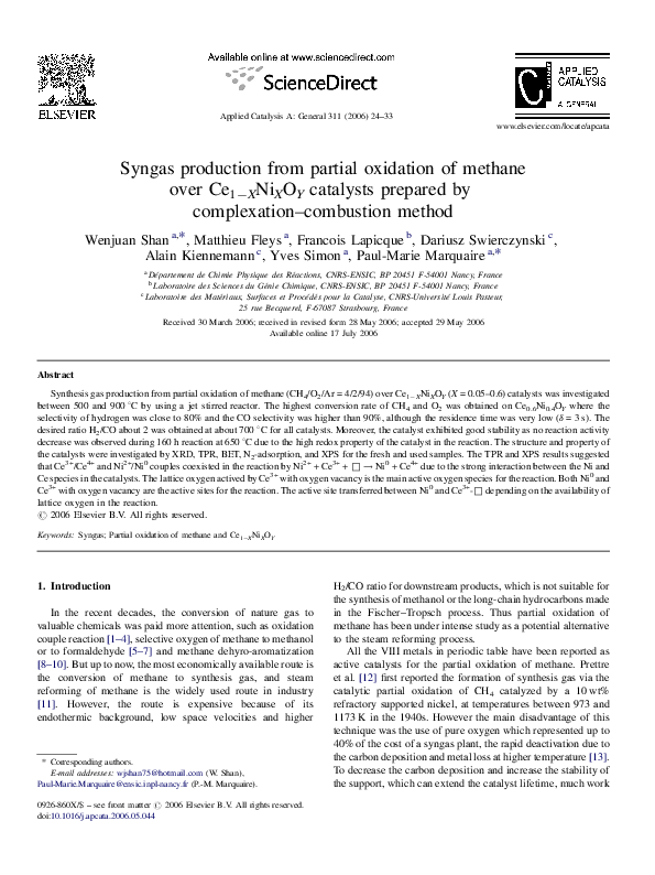 (PDF) Syngas production from partial oxidation of methane over Ce1− ...