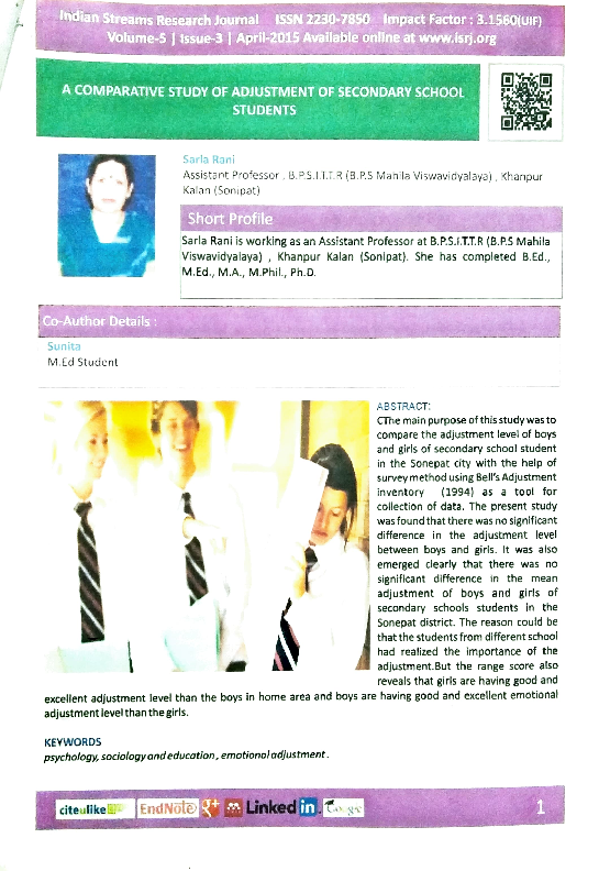 (PDF) A COMPARATIVE STUDY OF ADJUSTMENT OF SECONDARY SCHOOL STUDENTS