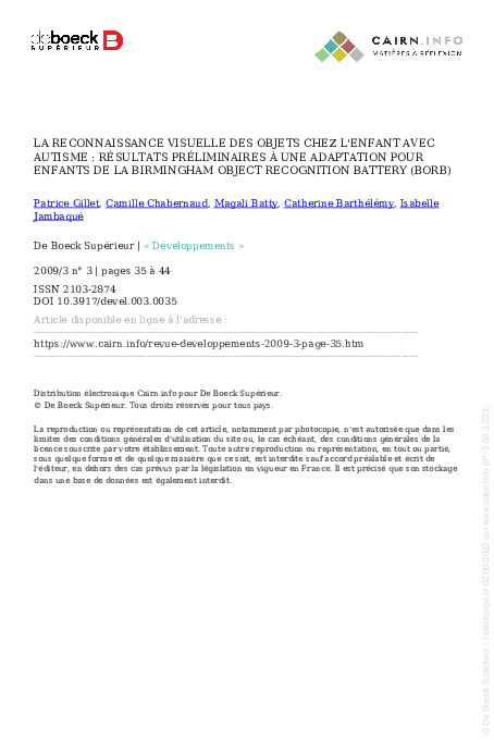 (PDF) La reconnaissance visuelle des objets chez l'enfant avec autisme ...