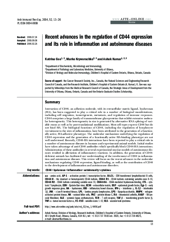 (PDF) Recent advances in the regulation of CD44 expression and its role ...
