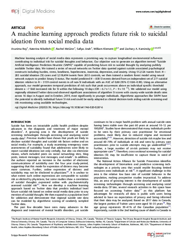 (PDF) A machine learning approach predicts future risk to suicidal ...