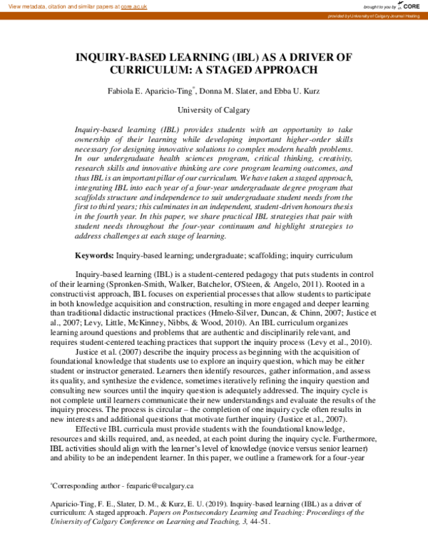 (PDF) Inquiry-Based Learning (IBL) as a Driver of Curriculum: A Staged ...