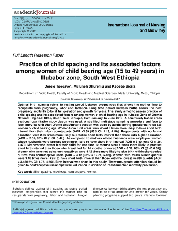 (PDF) Practice of child spacing and its associated factors among women ...