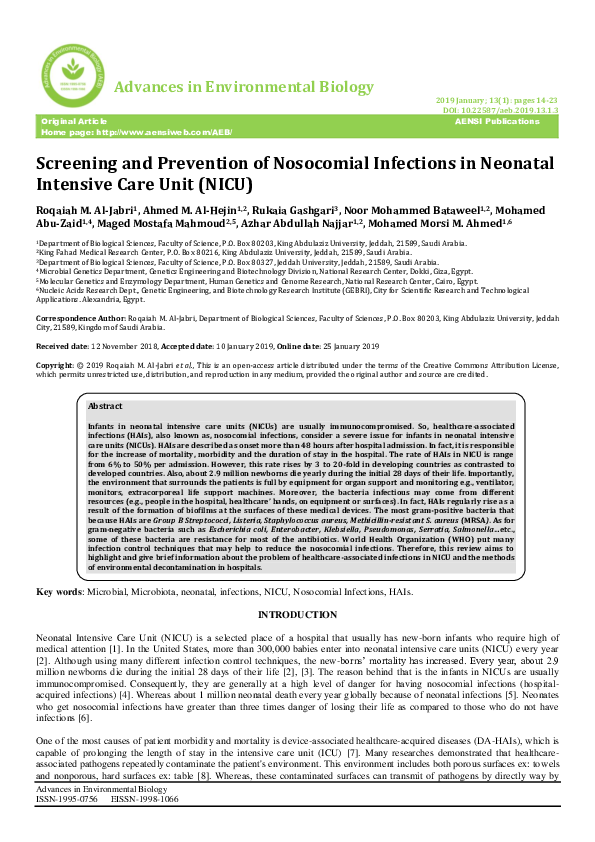 (PDF) Screening and Prevention of Nosocomial Infections in Neonatal ...
