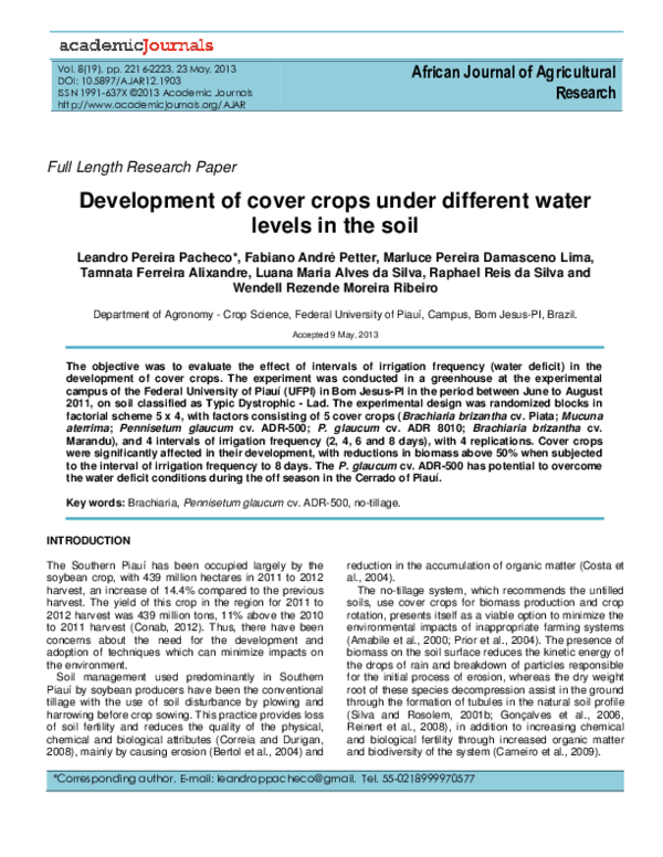 (PDF) Development of cover crops under different water levels in the soil