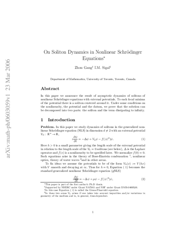 (PDF) On soliton dynamics in nonlinear schrödinger equations