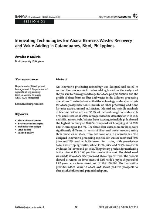 (PDF) Innovating Technologies for Abaca Biomass Wastes Recovery and ...