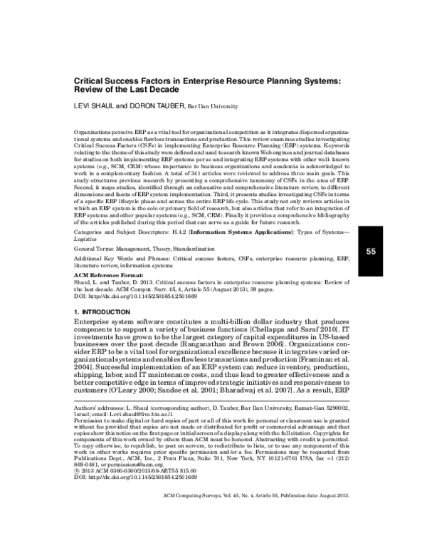 (PDF) Critical success factors in enterprise resource planning systems