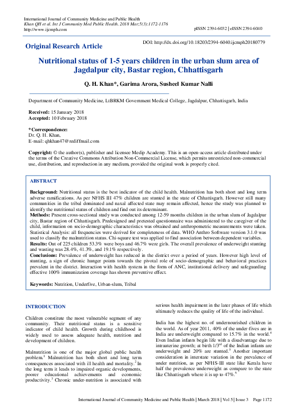 (PDF) Nutritional status of 1-5 years children in the urban slum area ...