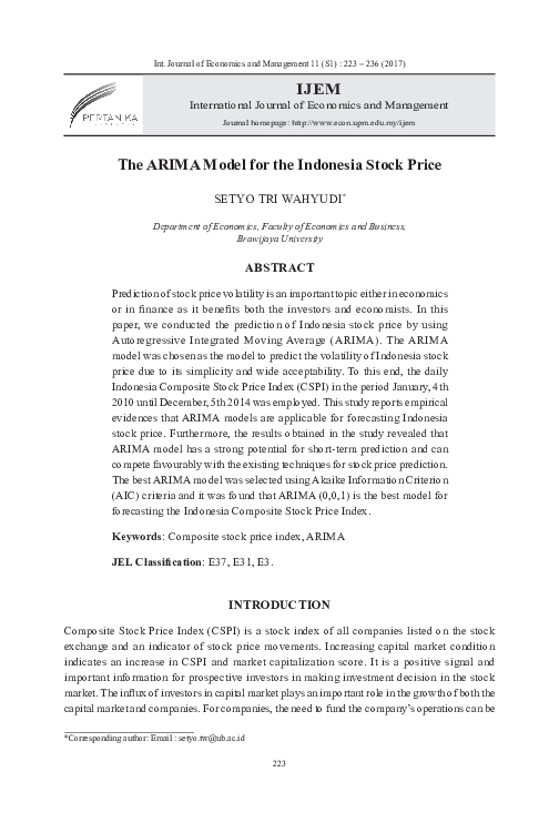 (PDF) The ARIMA Model for the Indonesia Stock Price