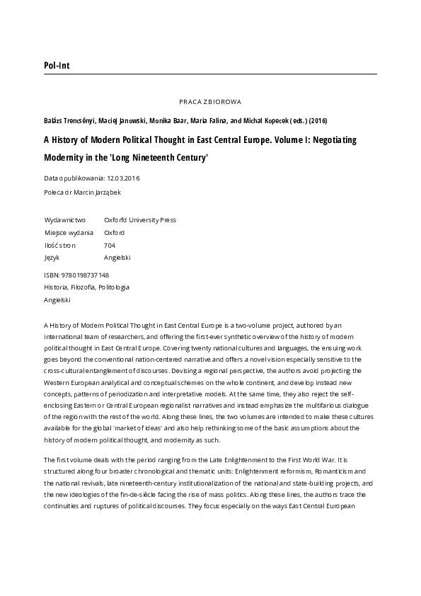 (PDF) A History of Modern Political Thought in East Central Europe