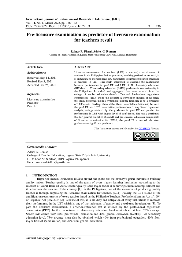 (PDF) Pre-licensure examination as predictor of licensure examination ...