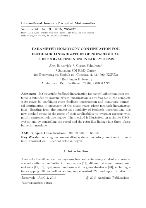 (PDF) Parameter Homotopy Continuation for Feedback Linearization of Non ...