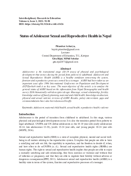 (PDF) Status of Adolescent Sexual and Reproductive Health in Nepal