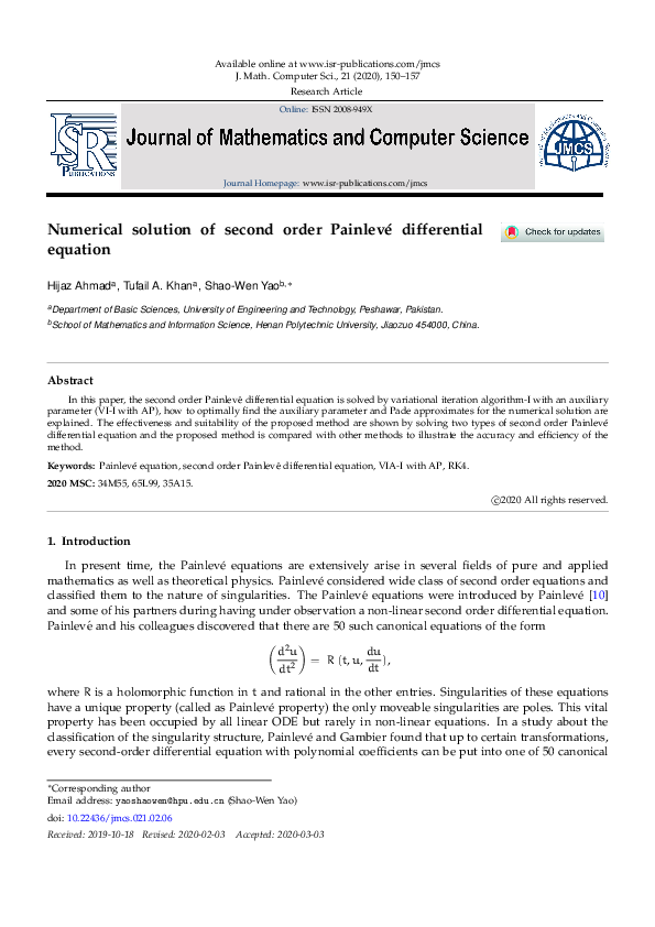 (PDF) Numerical solution of second order Painlevé differential equation