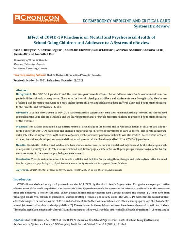 (PDF) Effect of COVID-19 Pandemic on Mental and Psychosocial Health of ...