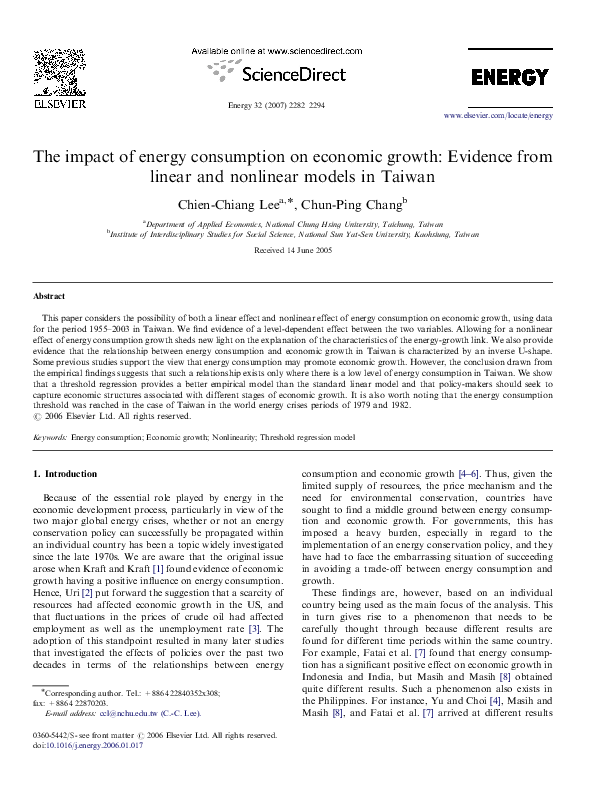 (PDF) The impact of energy consumption on economic growth: Evidence ...