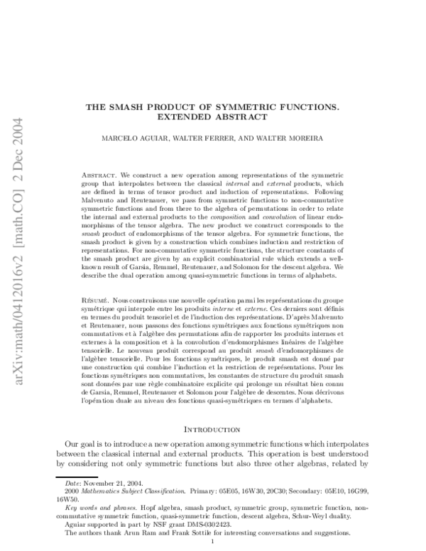 (PDF) The Smash Product of Symmetric Functions