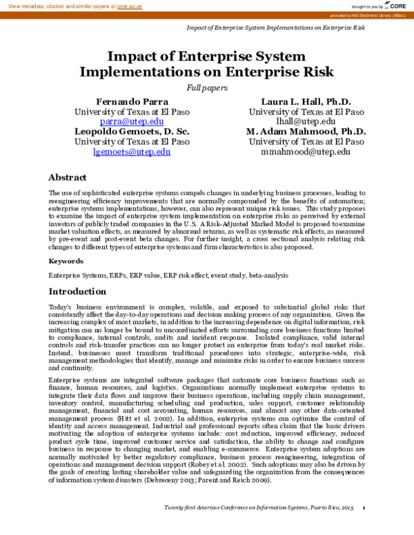 (PDF) The Impact of Enterprise System Implementations on Enterprise Risk